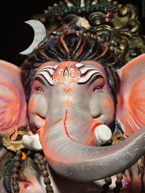 Free Detailed close-up of a beautifully adorned Ganesh idol in Mumbai during the festival of Ganesh Chaturthi. Stock Photo