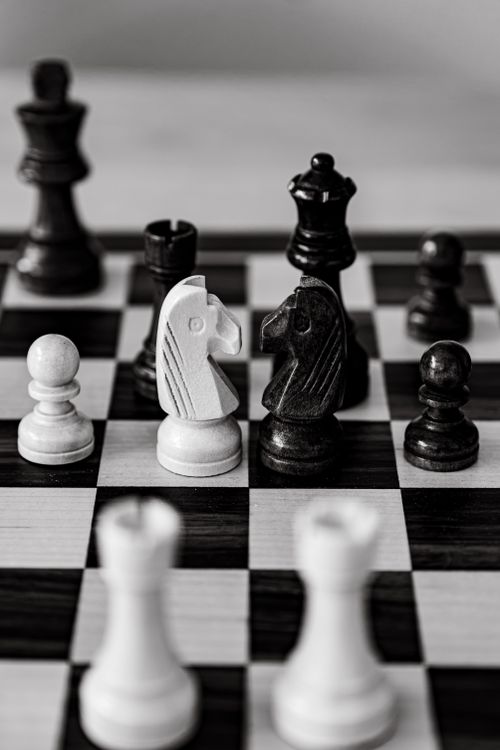 Free Close-up of chess pieces on a board in black and white, representing strategy and tactics. Stock Photo