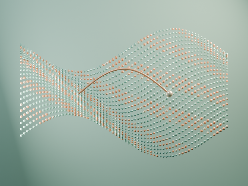 3D render of an abstract particle wave with flowing patterns and technology theme.