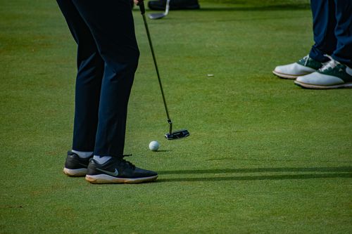 Free Golfers focus on putting during practice on a sunny day on the green. Stock Photo