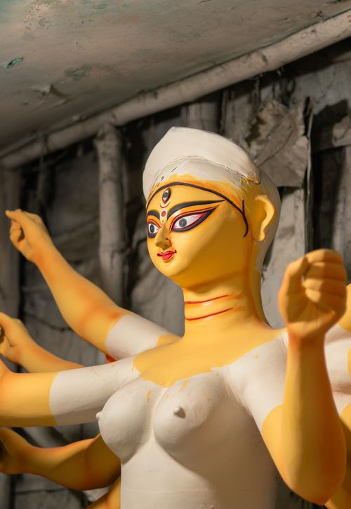 Free Traditional Durga idol creation in Kolkata for Durga Puja festival celebration. Stock Photo