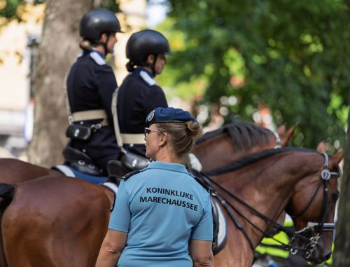 Free Uniformed officers of the Royal Dutch Marechaussee patrol on horseback under a canopy of trees. Stock Photo