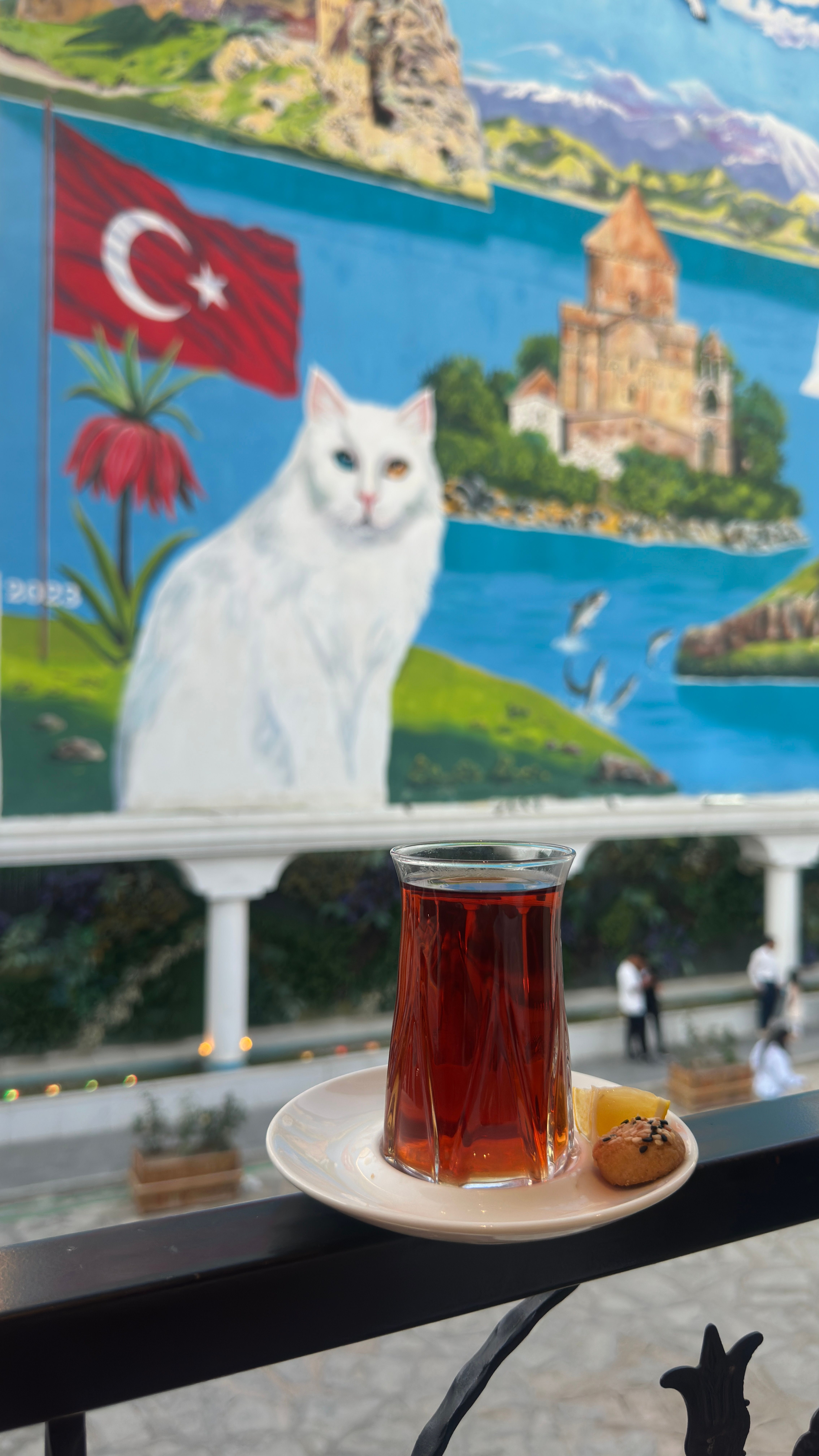 Turkish tea glass with a fun mural featuring a cat and the Turkish flag in the background.