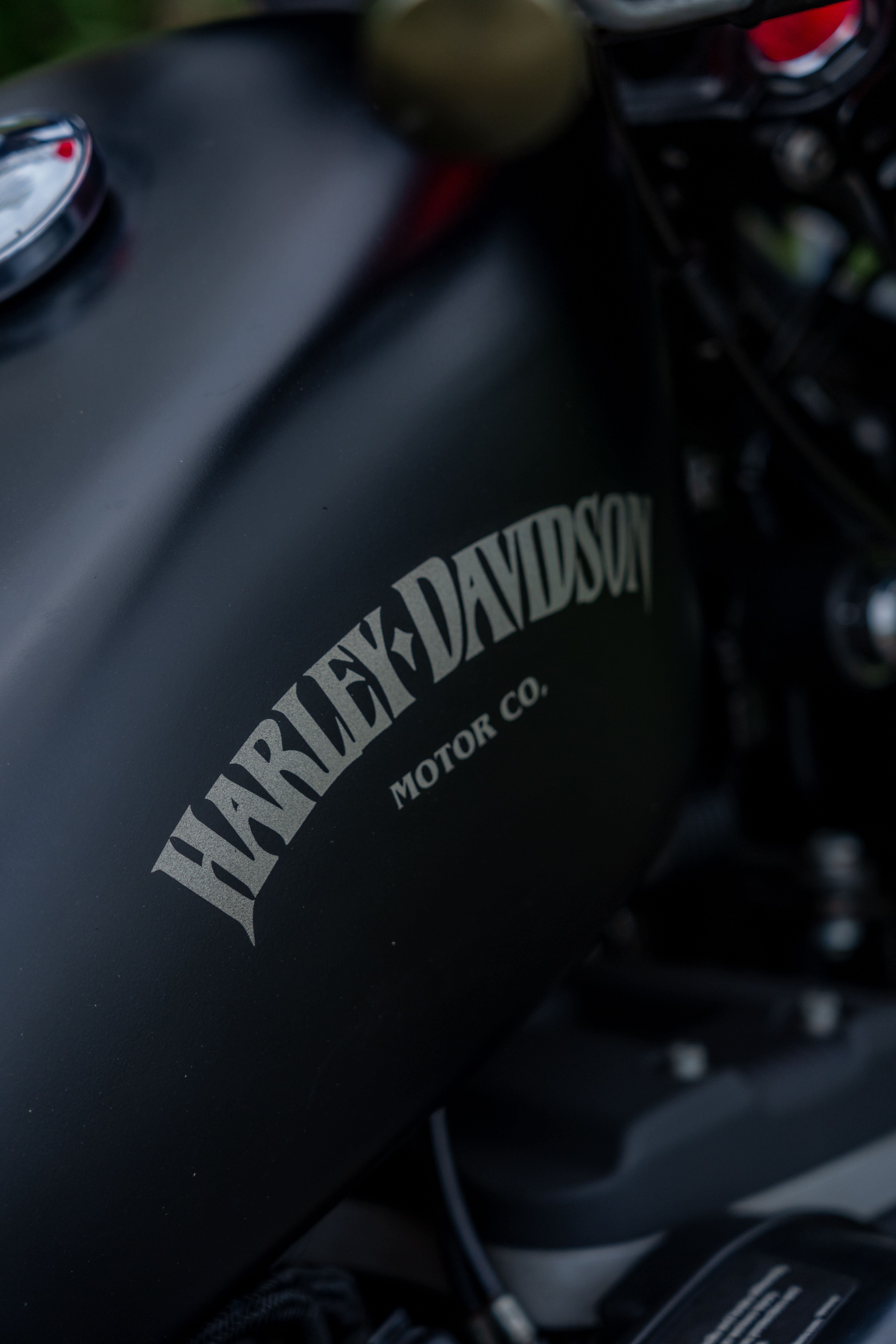 Detailed close-up of the iconic Harley-Davidson logo on a motorcycle tank in moody lighting.