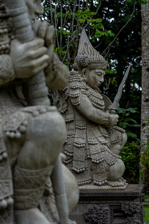 Free Detailed stone sculptures depicting traditional figures surrounded by vibrant jungle foliage. Stock Photo