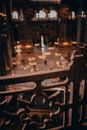 From above through ornamental cozy railing interior of public spacious medieval building