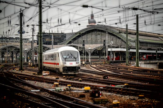 White train arriving at a bustling city train station with multiple tracks and overhead wires.