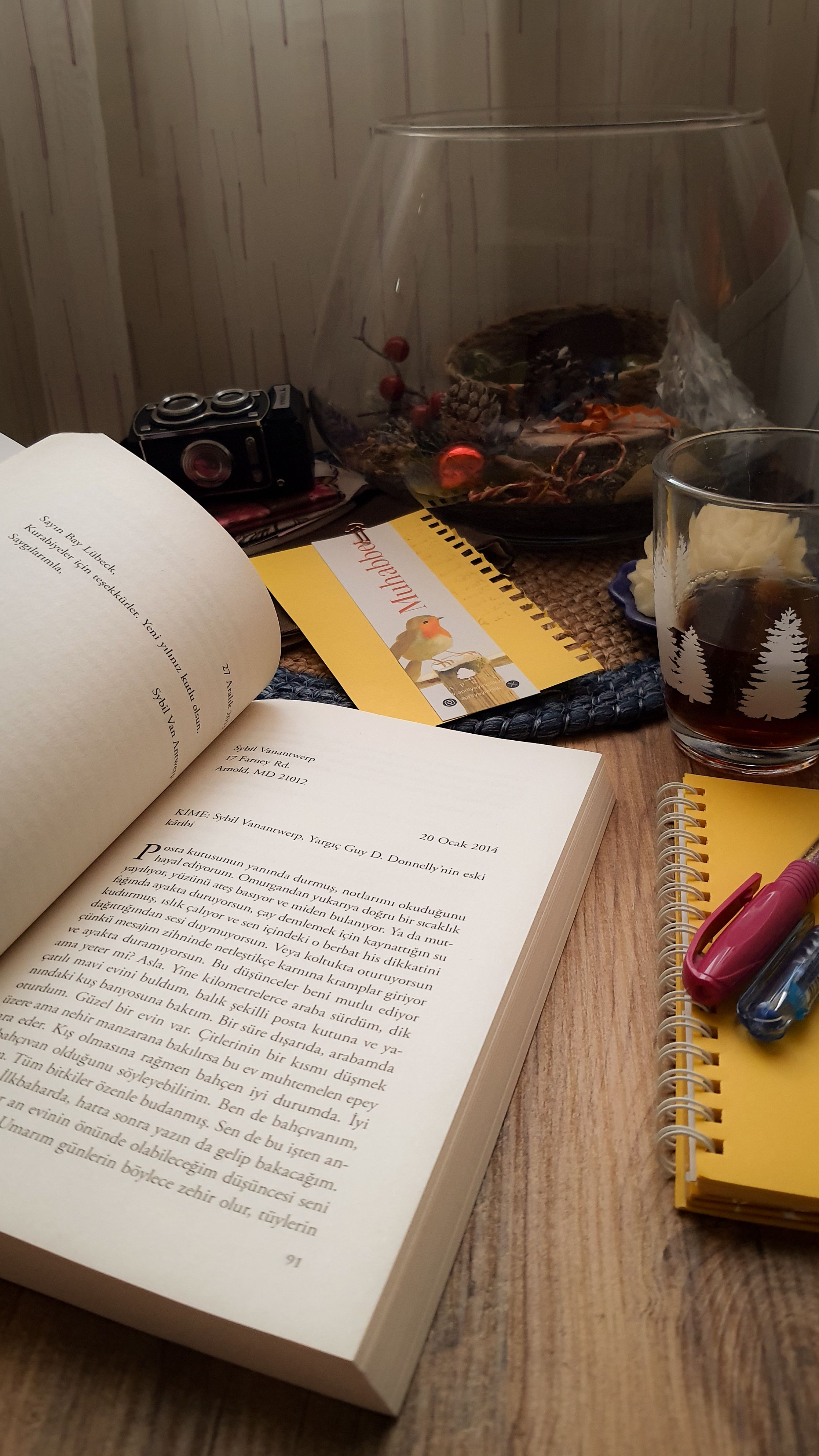 A peaceful reading nook with an open book, notebooks, a terrarium, and a tea glass.