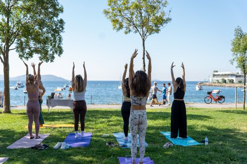 Free Adults practicing yoga outdoors by the sea on a sunny day, surrounded by nature. Stock Photo