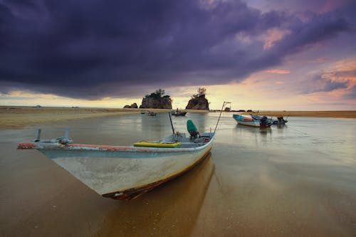 White Boat Park on Seashore Under Gray Sky