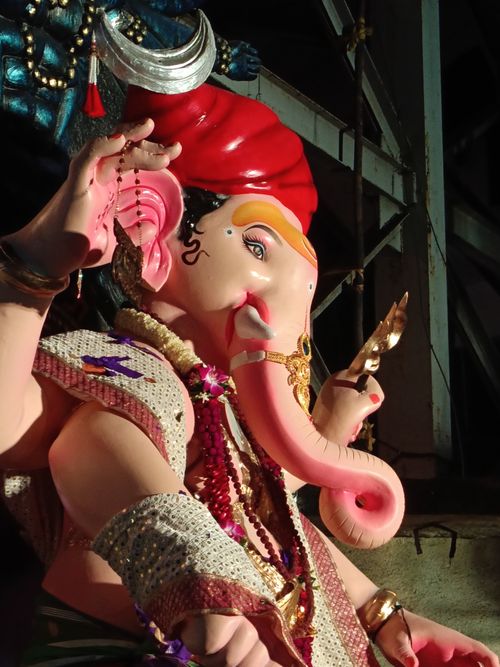 Free A colorful Lord Ganesha idol decorated for Ganesh Chaturthi festival in Mumbai. Stock Photo