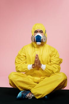 Man in full protective gear meditating on a pink background, symbolizing calm amidst COVID-19.