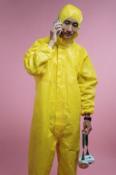 Man wearing a yellow protective suit, talking on phone, holding a respirator.