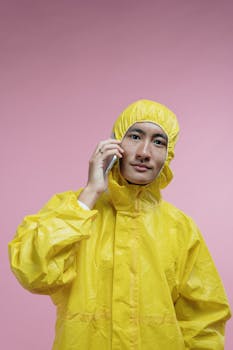 A person in a yellow hazmat suit talking on a smartphone against a pink background.