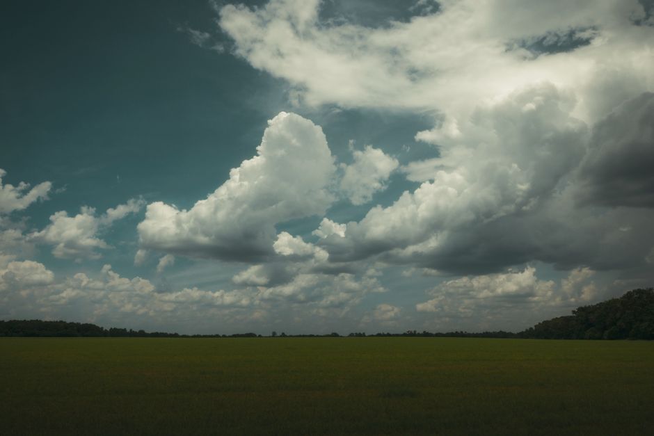 Expansive cloudy sky over a green meadow in Charleston, South Carolina.