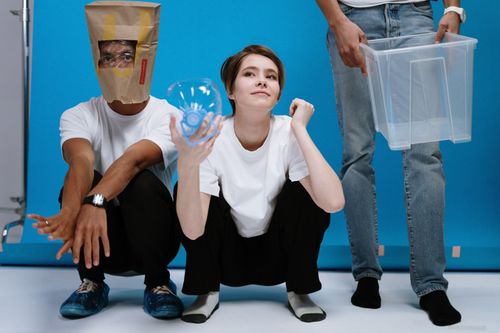 Free A humorous take on pandemic protection with creative use of household items indoors. Stock Photo