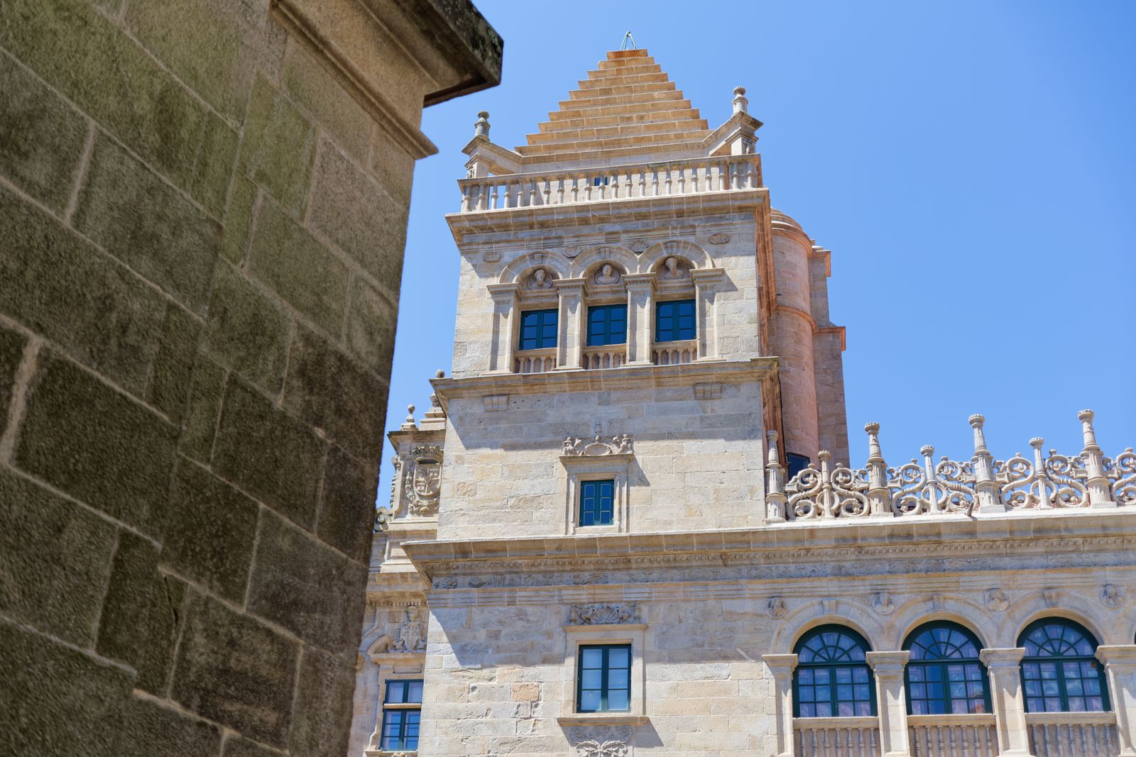 Close-up of a plateresque architectural landmark on a sunny day in Spain