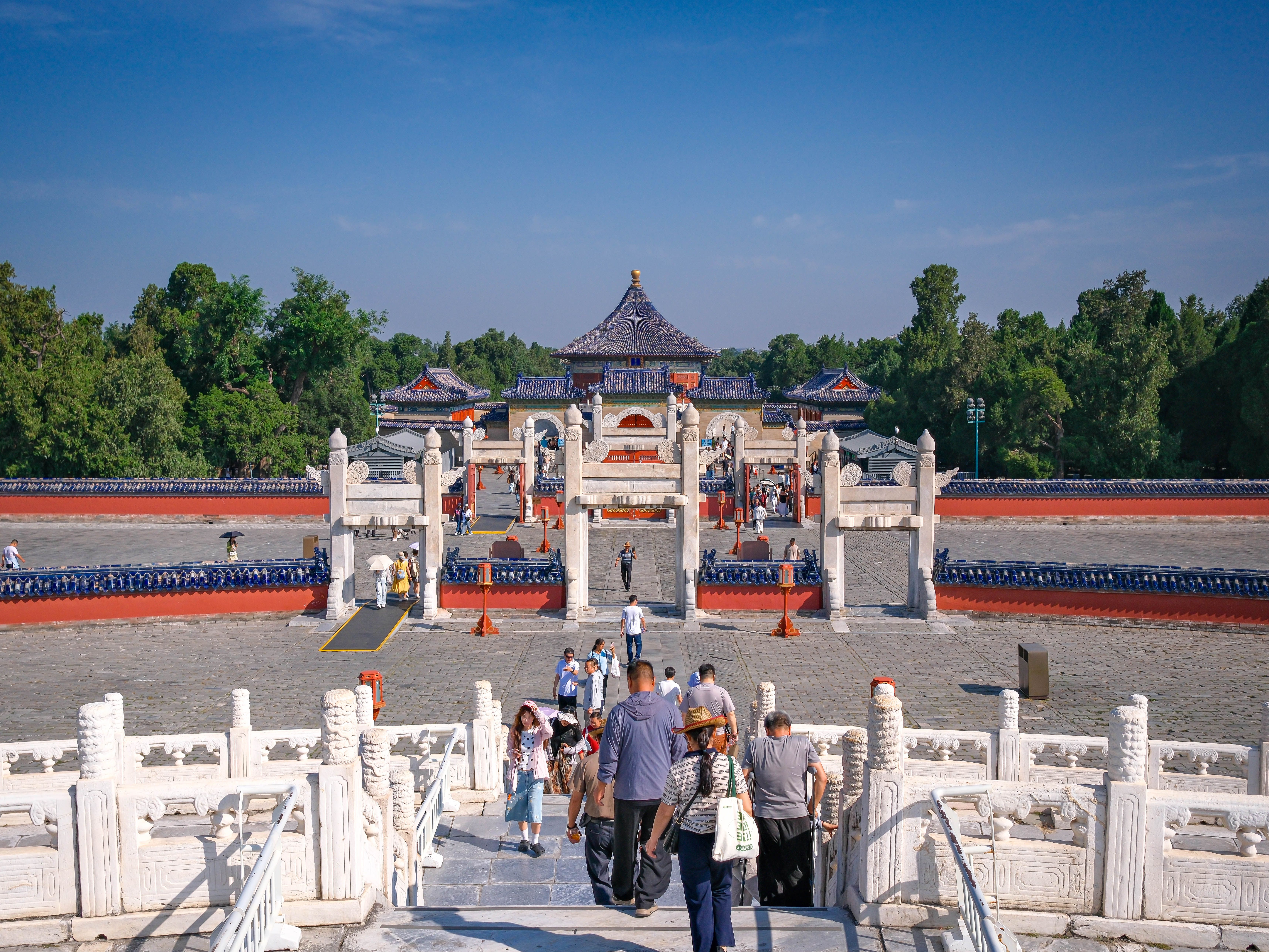 Visitors at the iconic Temple of Heaven in Beijing on a sunny day.