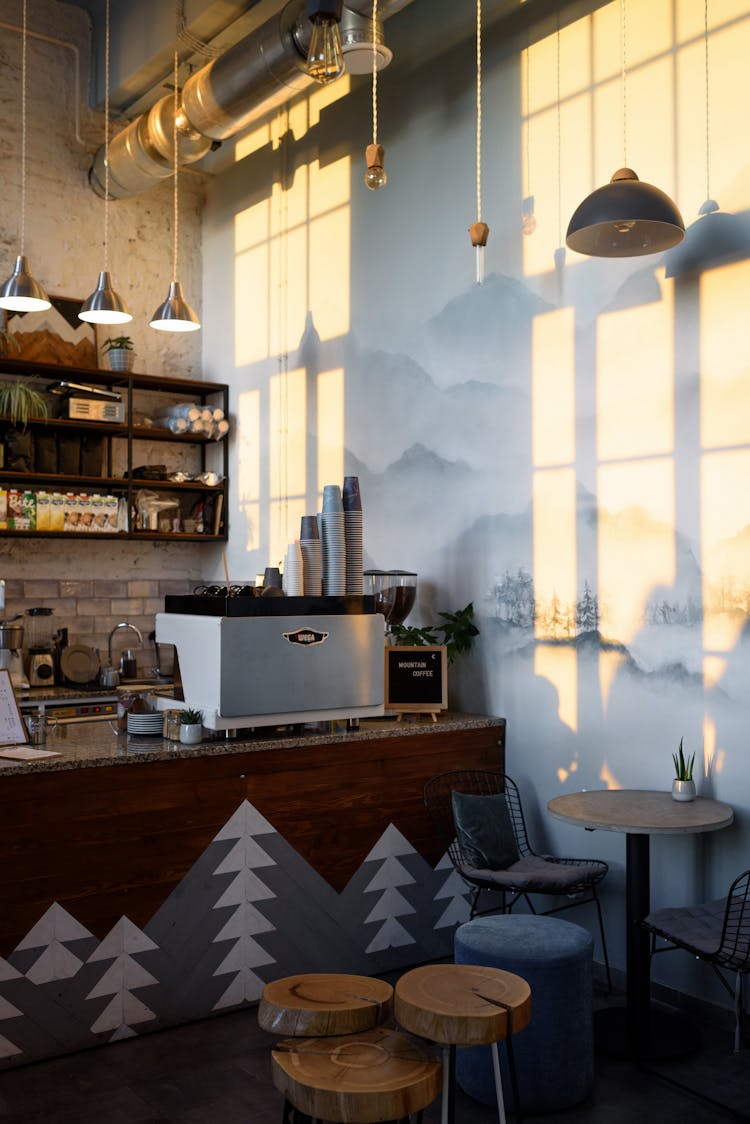 Interior Of Well Lit Stylish Coffee House