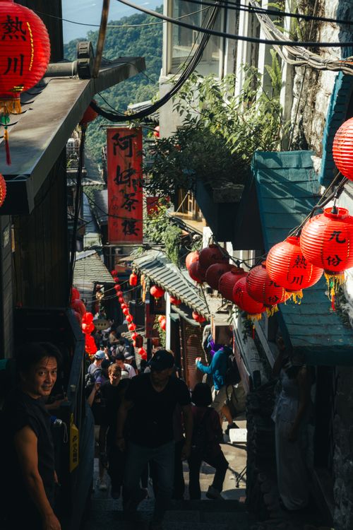 Free Bustling alleyway with vibrant red lanterns in Jiufen, New Taipei City, Taiwan. Stock Photo