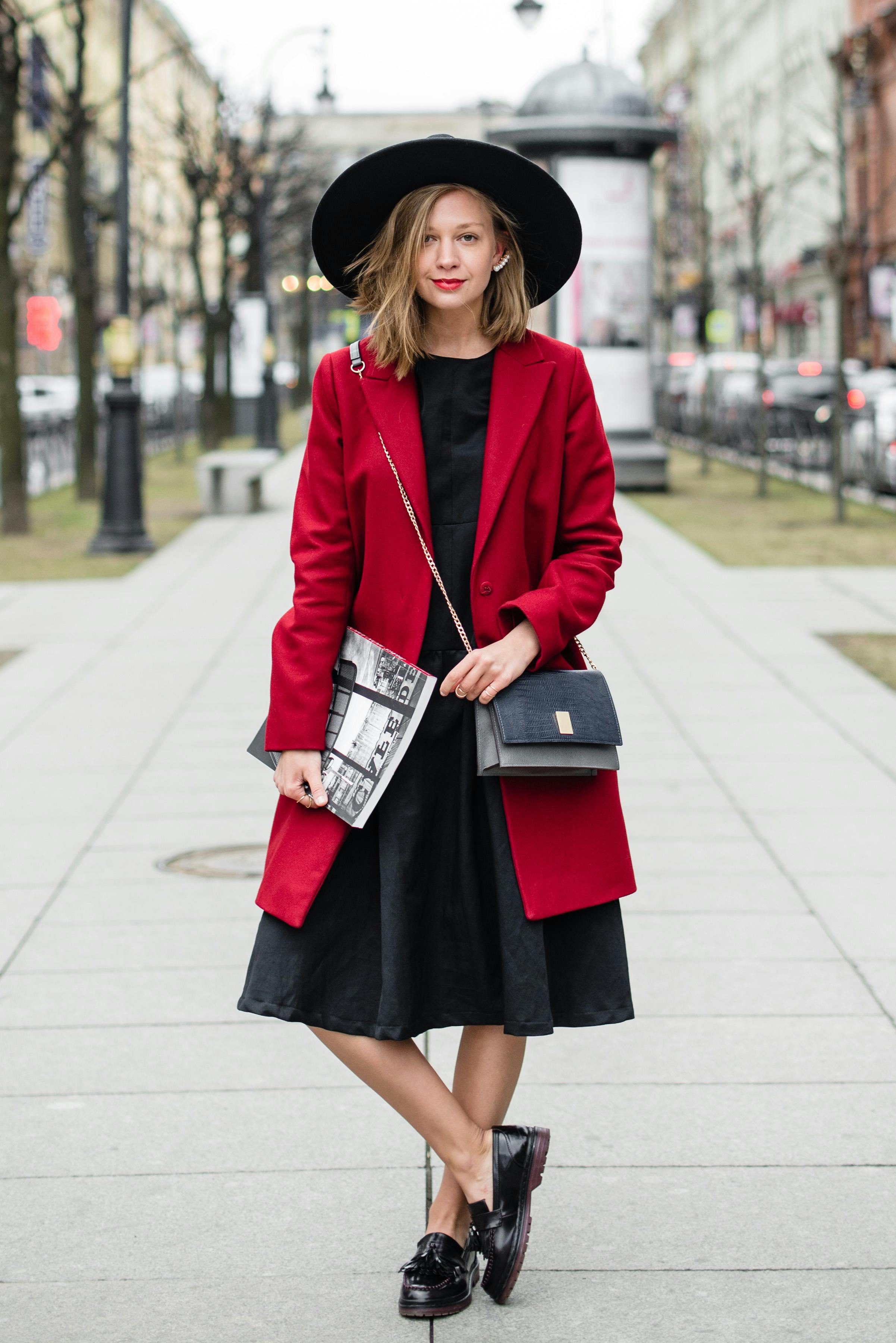 Black dress best sale with red coat