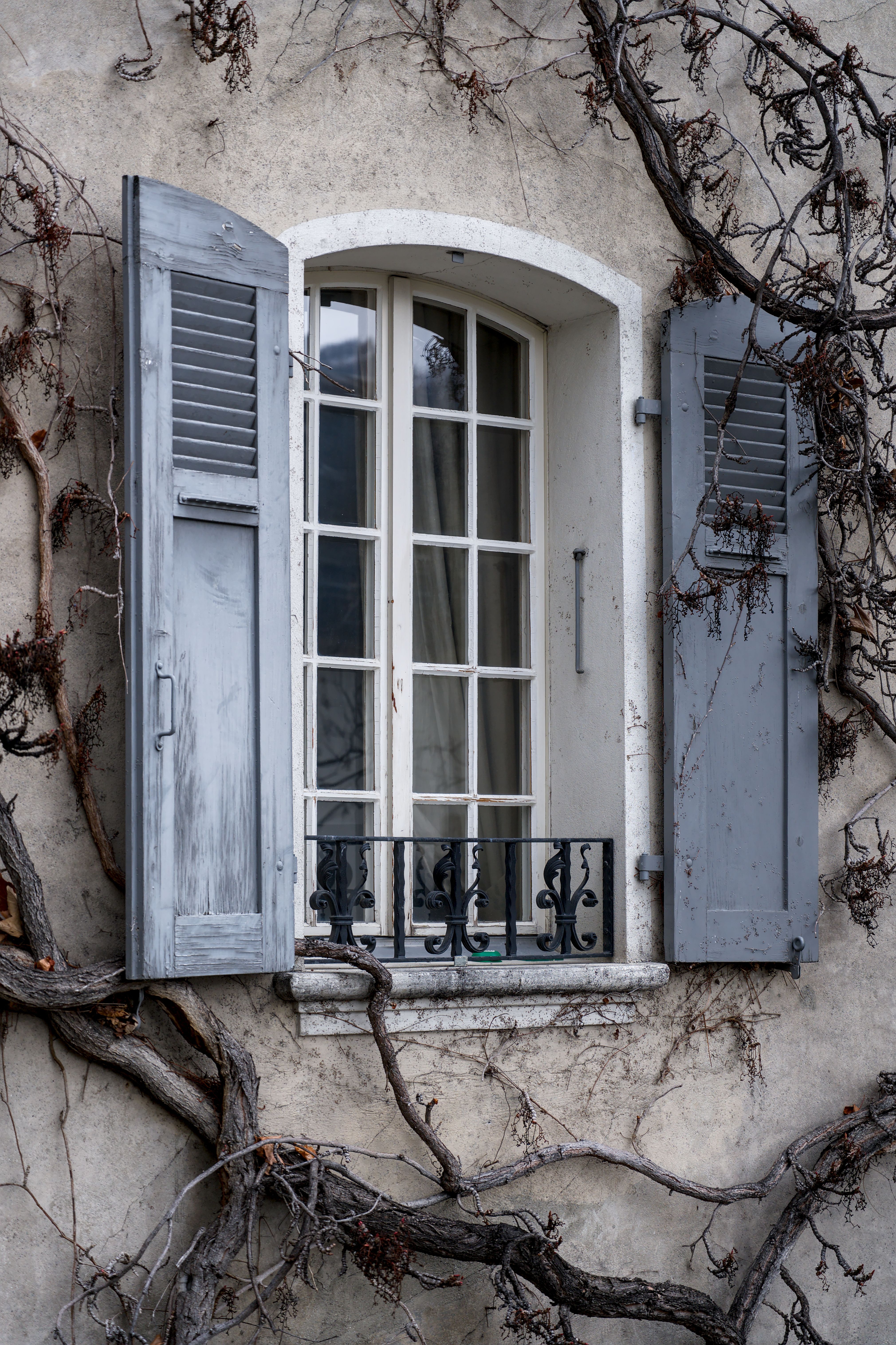 Charming Swiss stone facade featuring a rustic window with gray shutters adorned by bare vines, suggesting a vintage appeal.