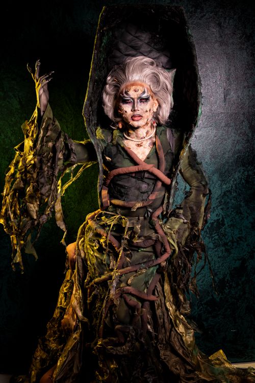 Free Person wearing elaborate costume with striking makeup and intense lighting, creating a dramatic effect. Stock Photo