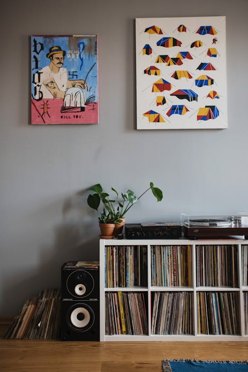 Free Collection of vinyl records on shelf in apartment Stock Photo