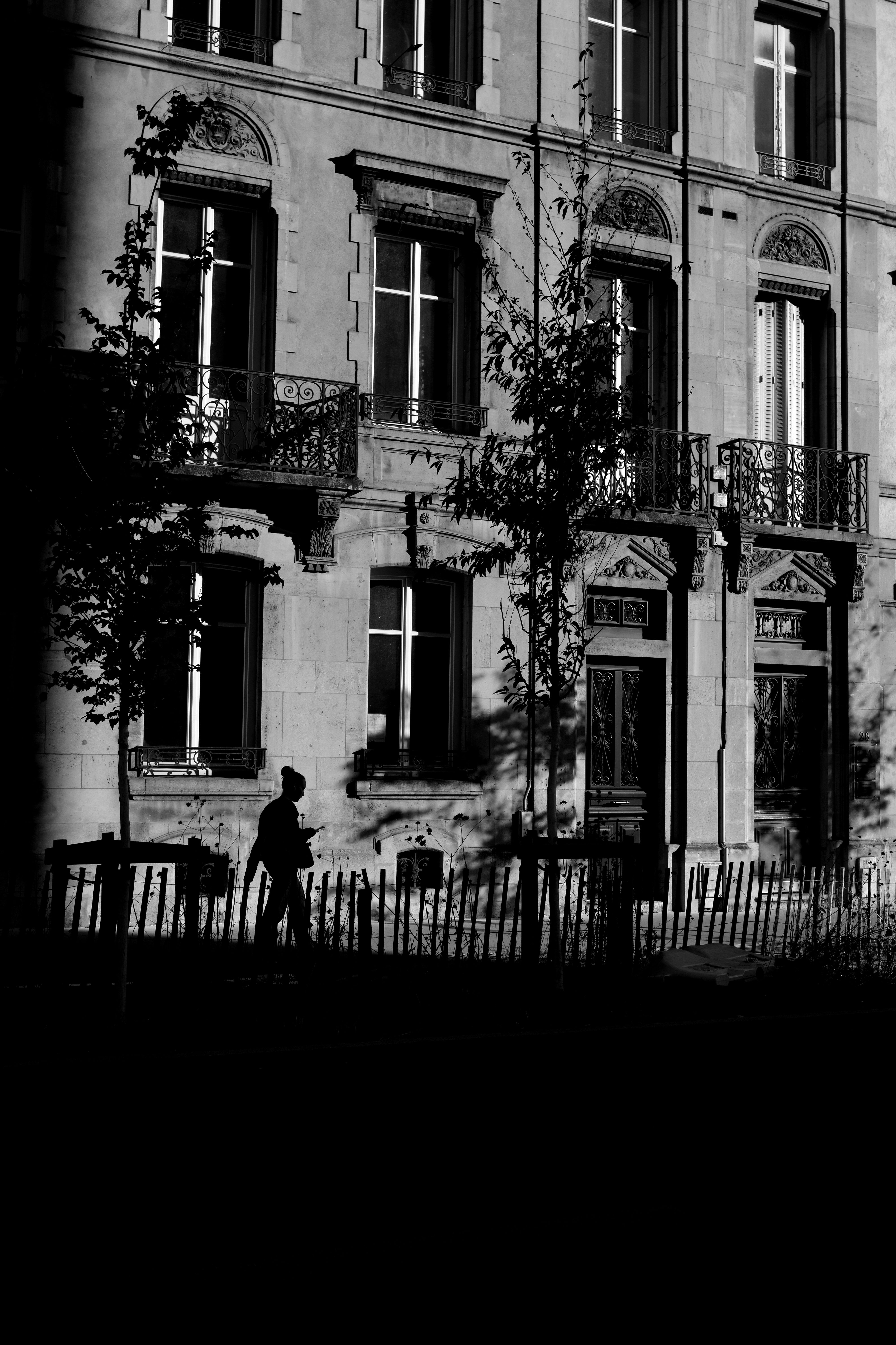 Silhouetted person walking by classic architecture in black and white.