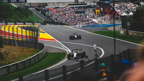 Free High-speed motorsport event at Circuit de Spa-Francorchamps, attracting a large crowd in Stavelot, Belgium. Stock Photo