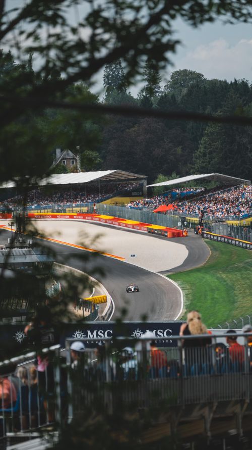 Free Exciting car race at Circuit de Spa-Francorchamps with vibrant crowd and lush green setting. Stock Photo