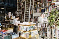 在一家舒适、阳光明媚的书店里，一个人正在读书，周围摆满了书架