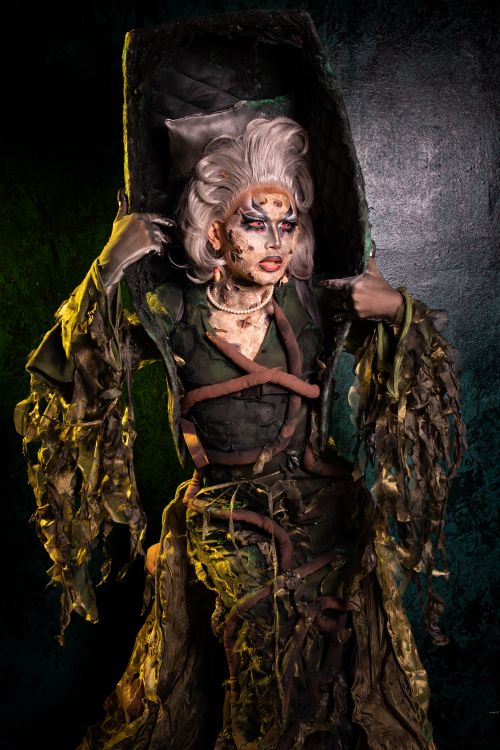Free Striking portrait of a performer in an elaborate, creative costume with dramatic lighting. Stock Photo