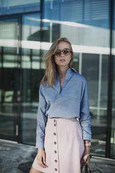 现代城市中，一位戴着太阳镜、身着时尚服装的女性