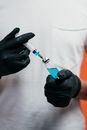 一只戴着手套的手正处理着装有蓝色医用液体的注射器