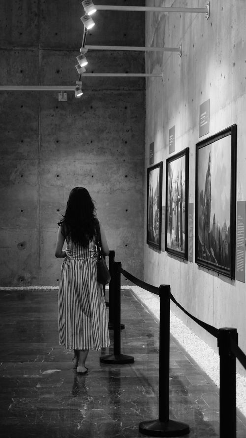 Free Black and white image of a woman viewing paintings in a modern indoor gallery setting. Stock Photo