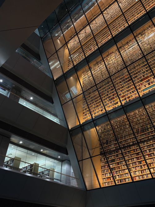 Free Stunning view of a modern library's illuminated facade with towering bookshelves, captured at night. Stock Photo