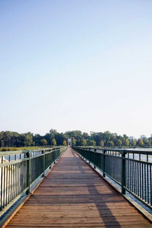Free A long wooden bridge stretches over a tranquil river, surrounded by lush greenery in Adana, Türkiye. Stock Photo