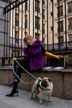 一位穿着紫色毛皮大衣和靴子的时尚女子，牵着哈巴狗走在城市街道上