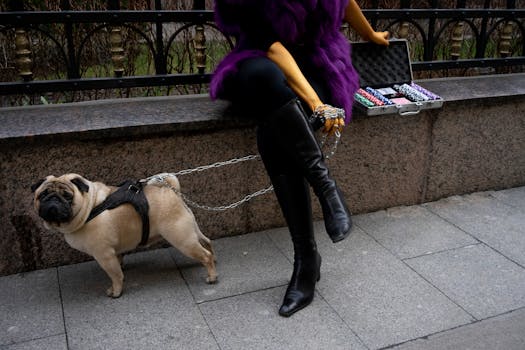 Stylish woman in purple with a pug and briefcase on a city sidewalk.