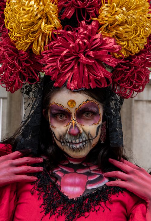 Free Vibrant Day of the Dead makeup with floral headpiece, capturing cultural traditions. Stock Photo