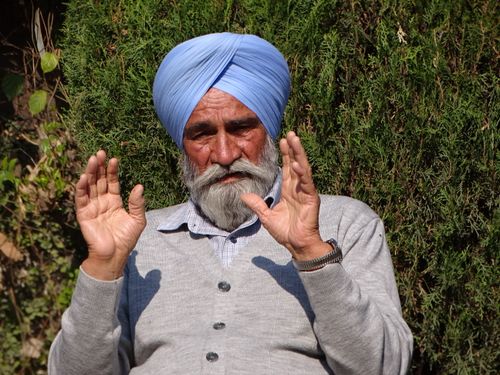 Free A senior Sikh man with blue turban gestures with hands outdoors against green foliage. Stock Photo