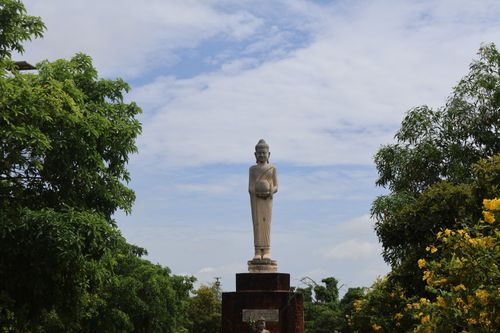 Free A tall statue of Buddha stands peacefully surrounded by vibrant green trees and a clear sky. Stock Photo