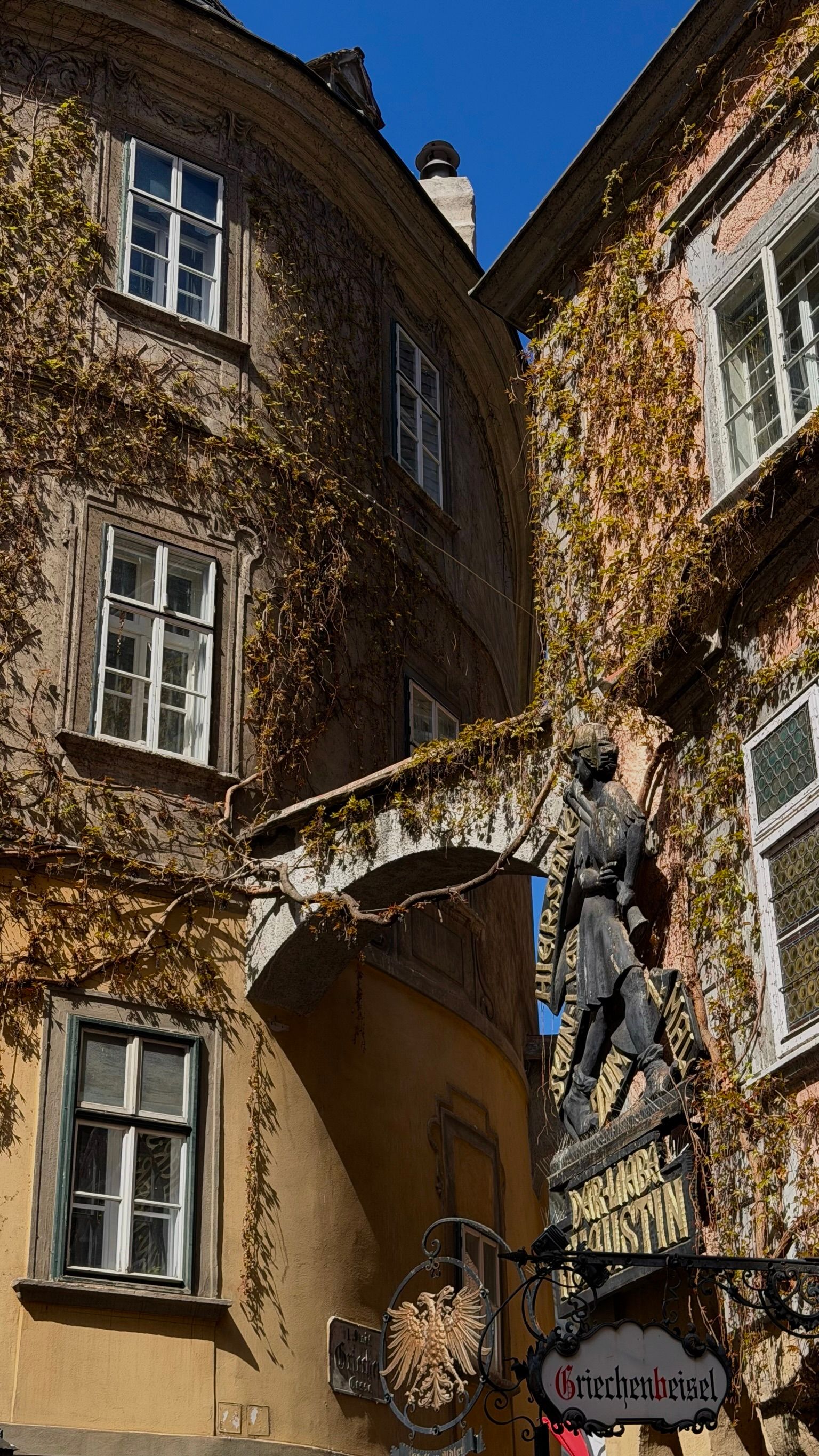 Charming historic architecture with vintage signage in central Vienna, Austria.