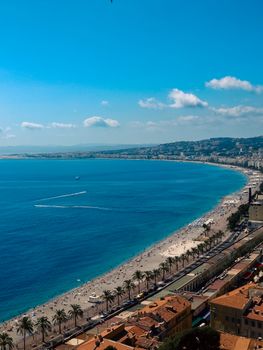 Breathtaking aerial shot of Nice, France, showcasing the French Riviera's beautiful coastline and vibrant cityscape.