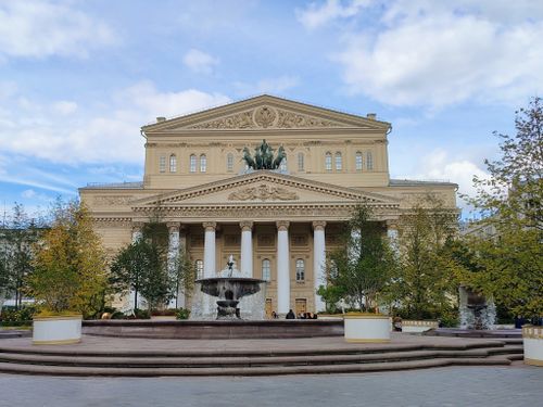 Free Front view of the historic Bolshoi Theater with a fountain, Moscow, Russia. Stock Photo