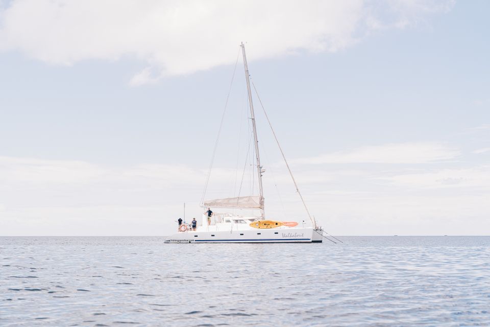 White catamaran with mast raised anchored on a pale calm sea
