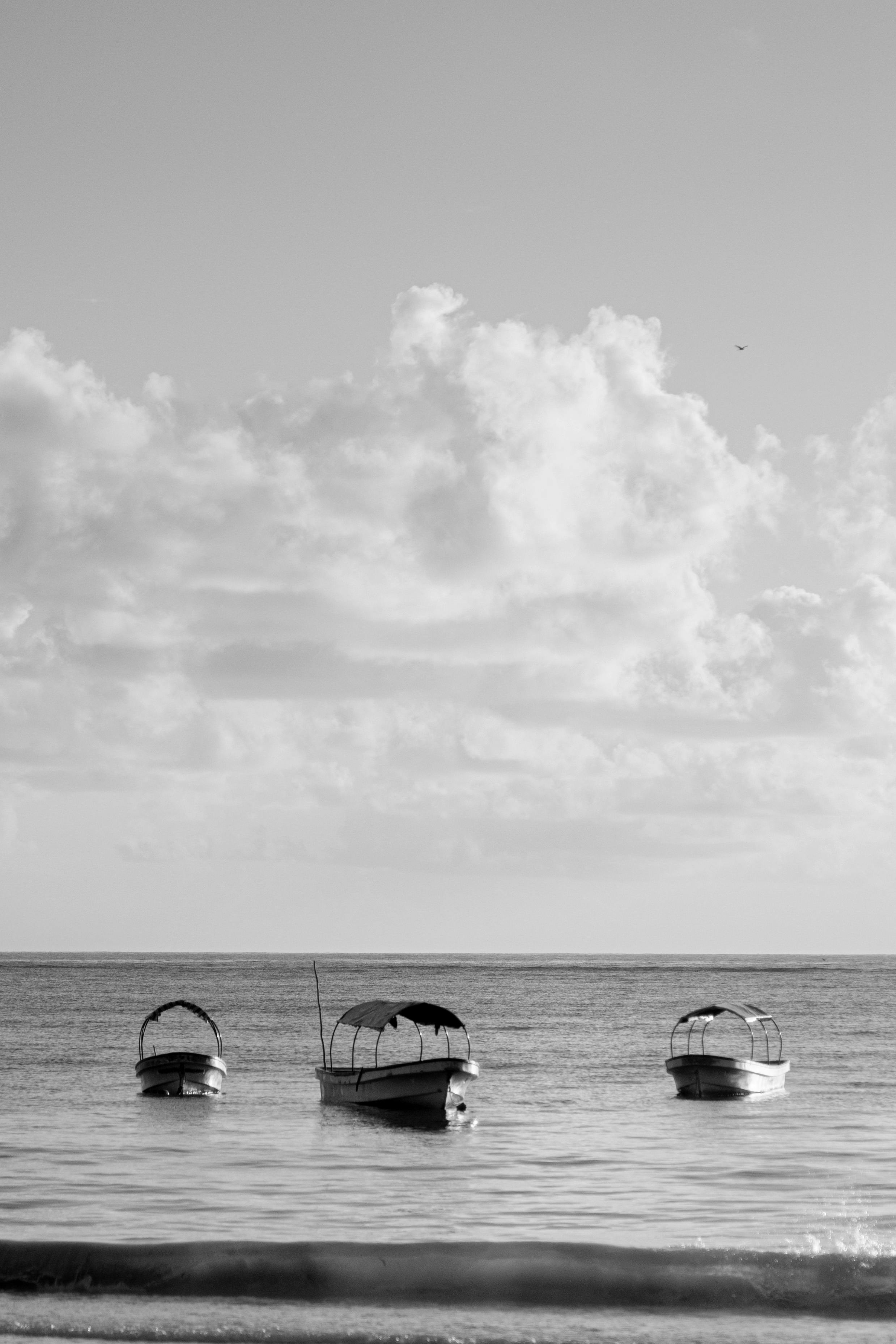 Serene monochrome beach scene featuring boats floating on calm ocean waters.