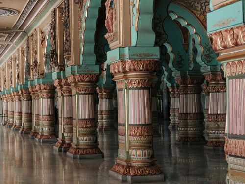 Free Ornate pillars inside Mysore Palace showcasing stunning Indian architecture. Stock Photo