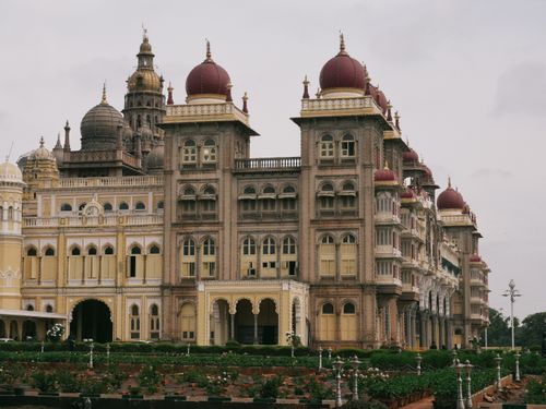 Free View of the Mysore Palace showcasing its grandeur and architectural beauty. Stock Photo